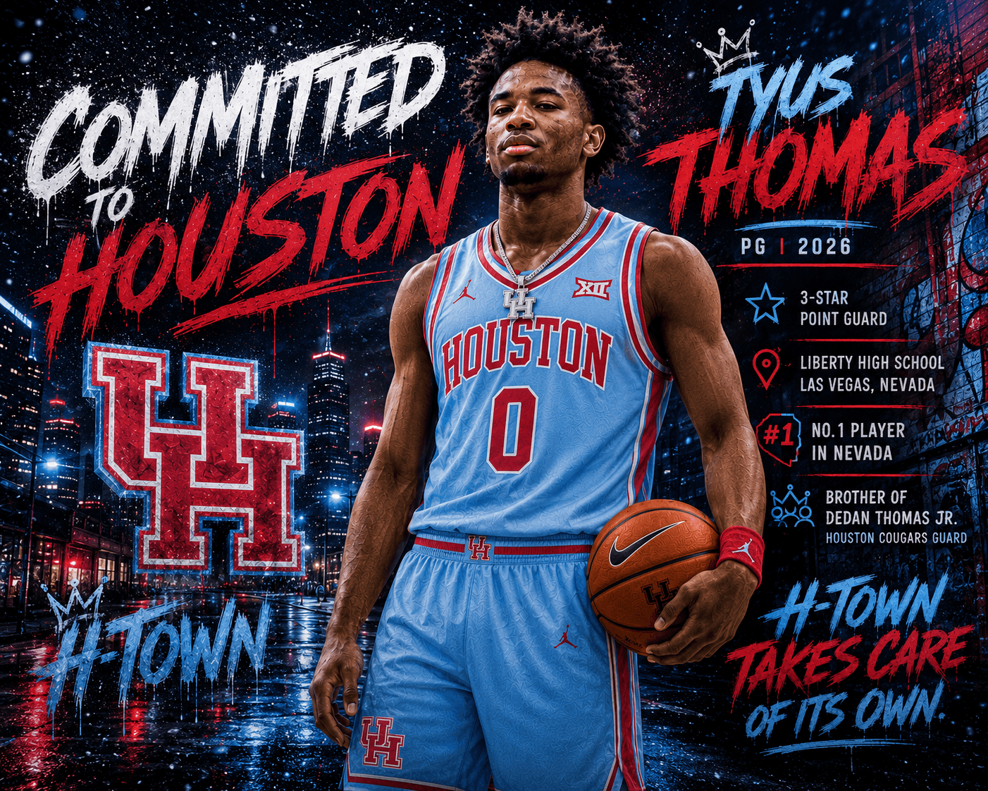 Tyus Thomas commitment graphic featuring the 2026 Houston Cougars basketball commit in Houston’s powder blue alternate uniform with number 0. Thomas is the No. 1 Player in Nevada